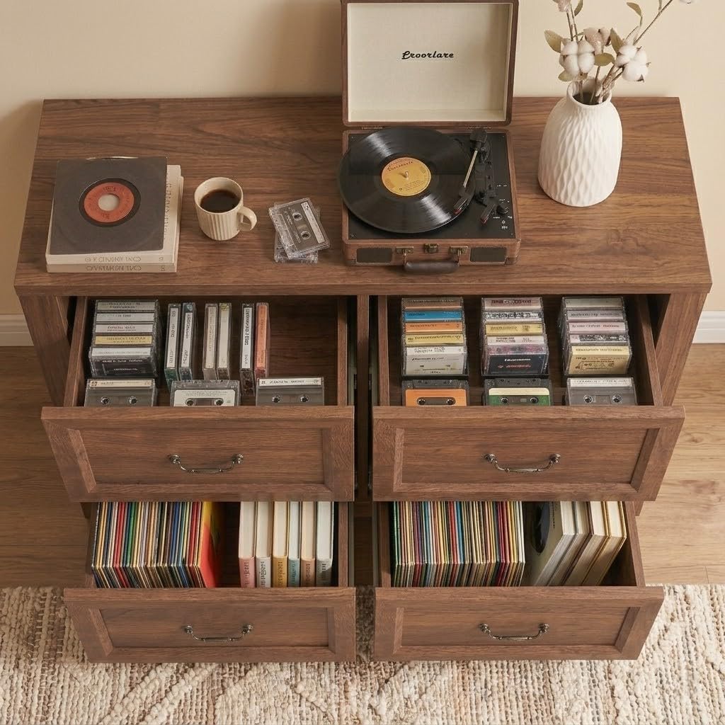 Vinyl Record Storage Cabinet with 4 Drawers, Holds Up to 300 LPs, 39” Large Record Player Stand & Turntable Table, Modular Media Console, Wood Album Organizer for Living Room, Cracked Oak