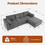 113" Oversized Sectional Sofa Set, Extra Large Modular Couch with Ottoman, Upholstered Chenille Cloud Couch Deep Seat Sofa Cushion Covers Removable for Living Room (4 Seater L Shaped Light Grey)