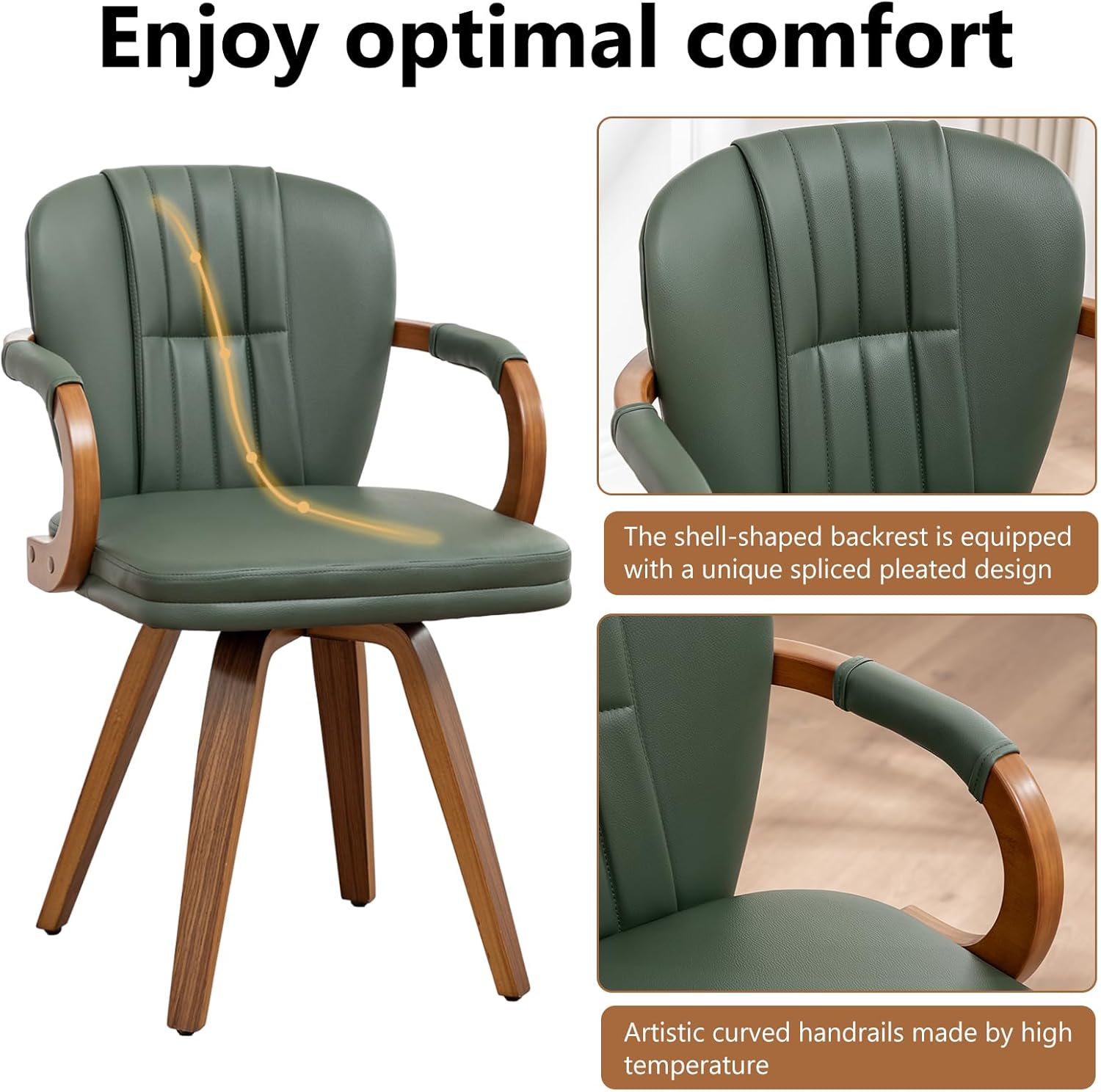 Swivel Dining Chairs Set of 2 Mid Century Modern Green Faux Leather Upholstered Kitchen Chairs with Bentwood Frame Armrests Side Chairs,Comfortable Ergonomic Wood Accent Chair No Wheels