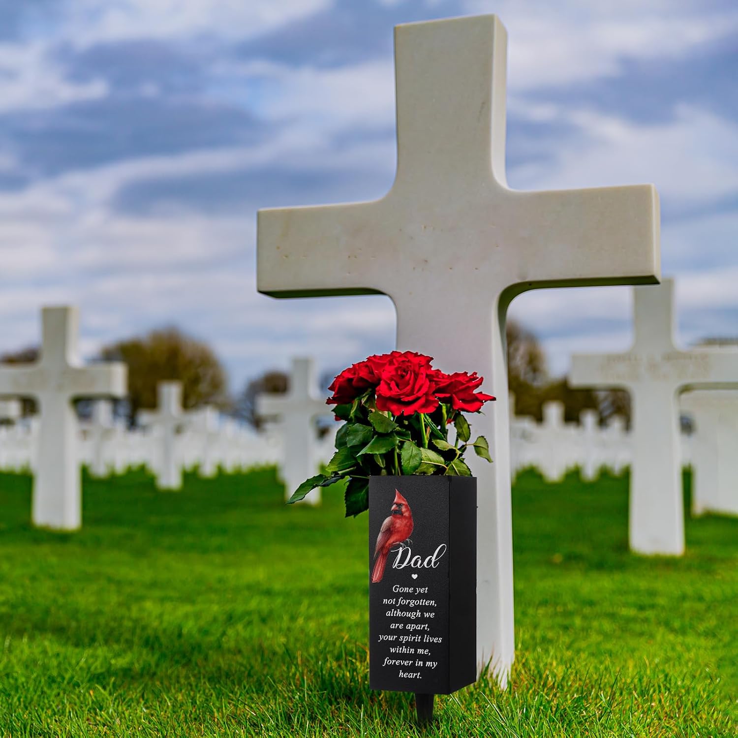 Hushee Memorial Grave Decorations Cemetery Cardinal Flower Vase Metal Gravesite Flower Holder with Spike Graves Metal Funeral for Loss of Loved One Cemetery Outdoors Yard Garden(Dad)
