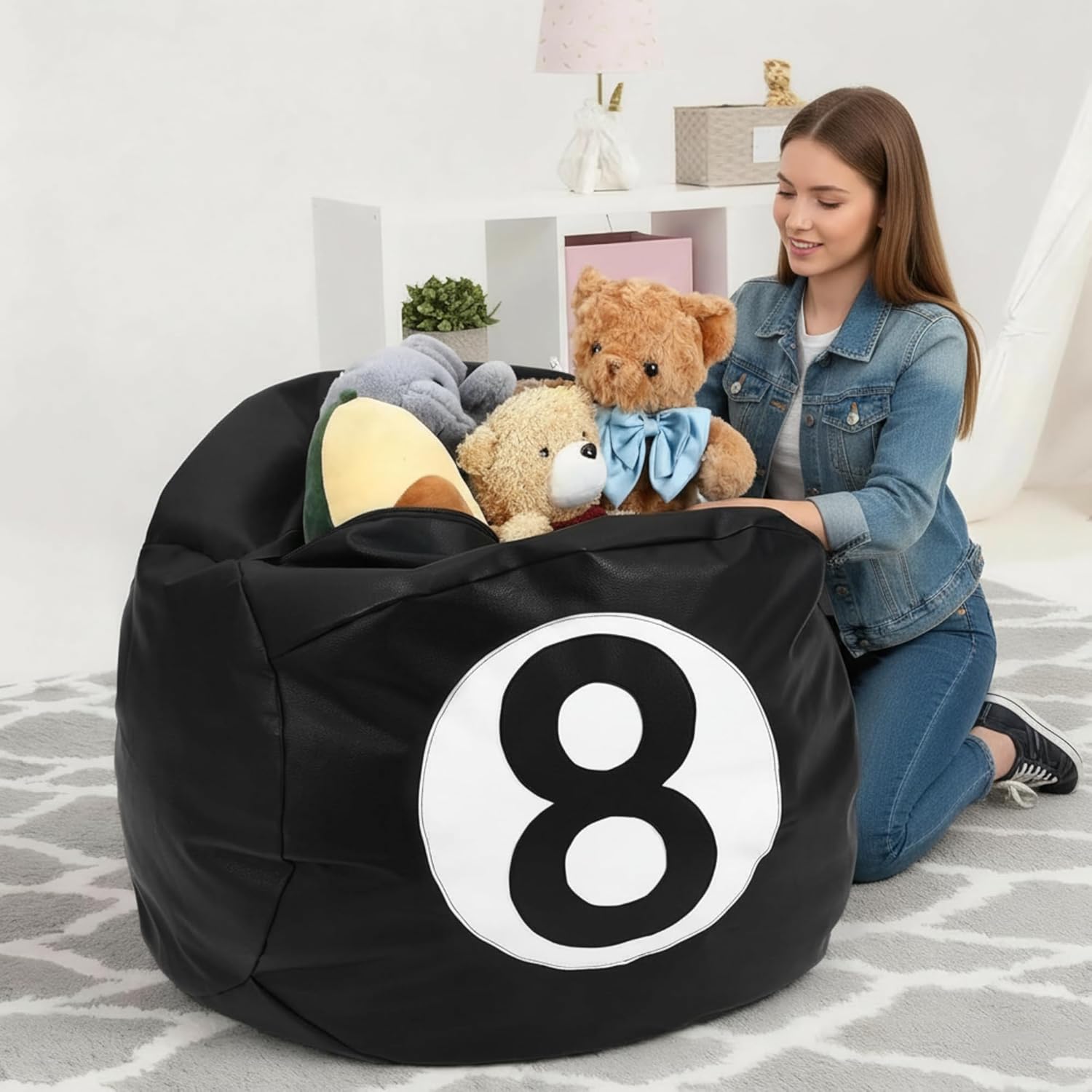 AceOrbit 8 Ball Bean Bag Chair Cover, Prize Gift Plush Toys Organizer, Black PU Leather 8 Ball Stuffed Animal Storage Bean Bag, Billiard Decor for Game Home Dorm Room Living Room (No Filling)