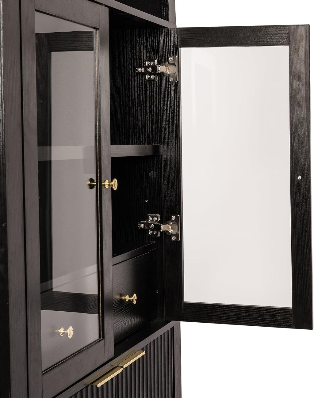 ZeHuoGe Fluted Tall Arched Pantry Cabinet with Adjustable Shelves, Elegant Display Storage with Hidden Drawer & Glass Door for Kitchen, Living Room, Dining Room (Black)