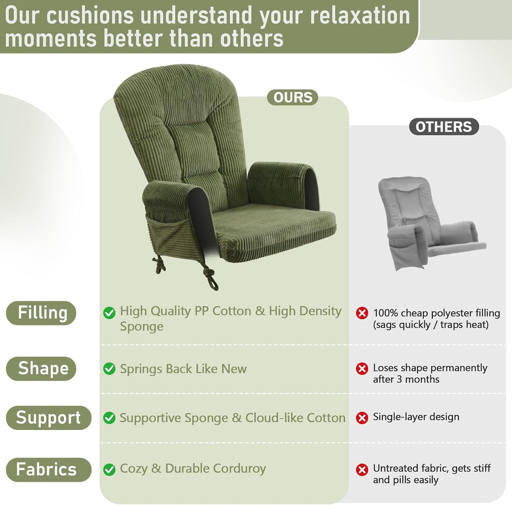 Boshen 5PCS Glider Rocker Replacement Cushions with Storage Side Pockets, Thickened 3.5IN Seat & Supportive Striped Plush Rocking Chair Cushion Set with Ottoman Cover for Indoor Nursery, Green