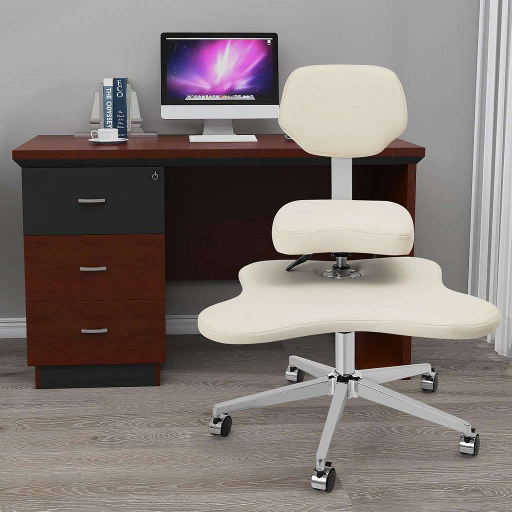 Cross Legged Office Chair with Wheels, Criss Cross Chair with 2 Adjustable Cushions, Ergonomic Meditation Chair for Home Office, Kneeling Chair with Swivel Base, Ivory White