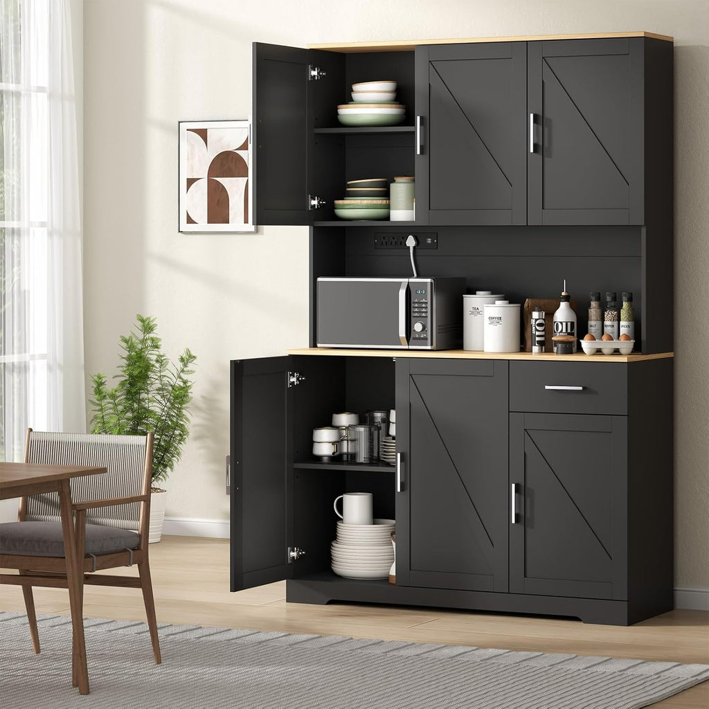 71" Tall Kitchen Pantry Storage Cabinet with Charging Station,Farmhouse Buffet Cabinet with Microwave Shelf,Large Kitchen Hutch Cabinet Doors & Drawer,Food Pantry for Dining Room,Living Room (Black)