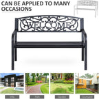 Hassyee Modern Garden Bench Loveseat with Cast Iron Decorative Welcome Vines, Outdoor Seating Benches for Lawn, Park and Backyard