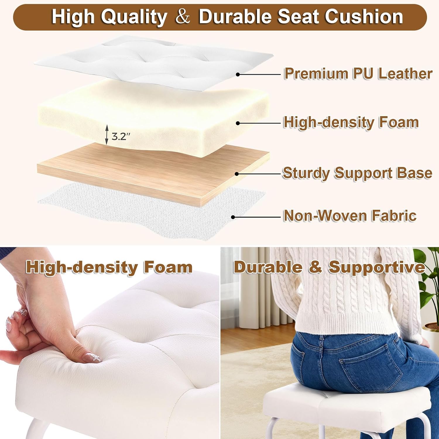BEWISHOME White Vanity Chair, Leather Vanity Stool, Small Stool Chair for Vanity, Square Ottoman Foot Stool, Makeup Vanity Chairs with Thick Padded Seat for Bathroom, Bedroom, Entryway, KFD01W