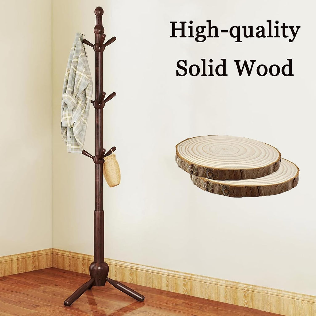 Solid Wood Coat Rack Stand, Vintage Heavy Duty Coat Hanger Stand with 9 Hooks, 3 Adjustable Size Sturdy Coat Tree for Living Room, Entryway, Office, Hallway, Brown
