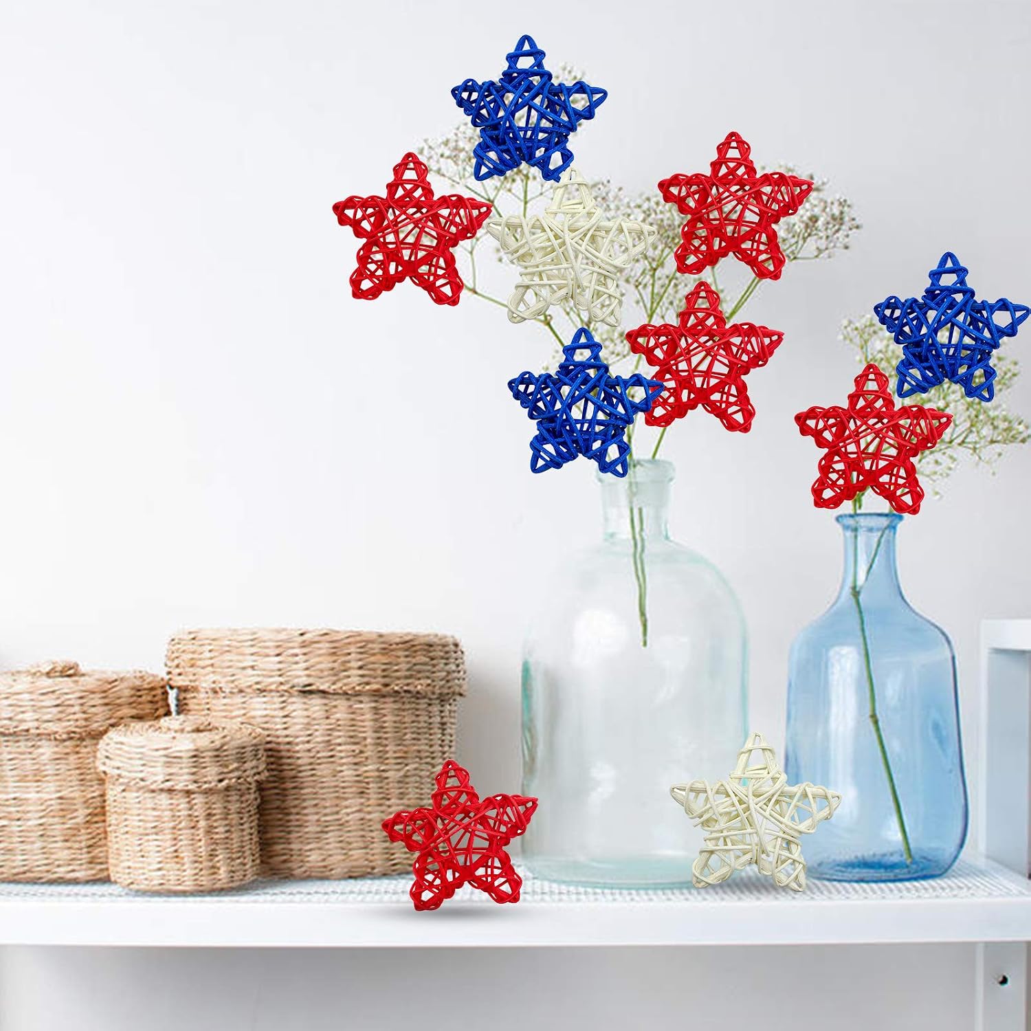 EBaokuup 36PCS 4th of July Natural Rattan Stars, 1.96 Inch Red White and Blue Wicker Rattan Stars for Independence Day Home Decor DIY Craft Vase Bowl Filler Table Decoration