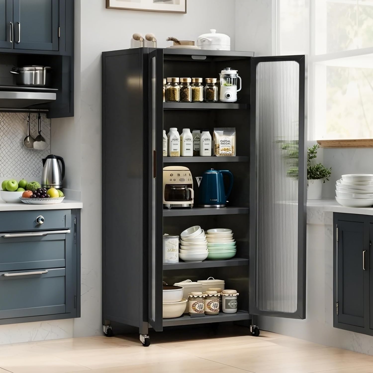 65" Kitchen Pantry Storage Cabinet, 6 Tier Metal Display Storage Cabinet with Transparent Door, Adjustable Shelves & Wheels, Food Pantries Cabinets, for Kitchen, Living Room and Dining Room, Gray