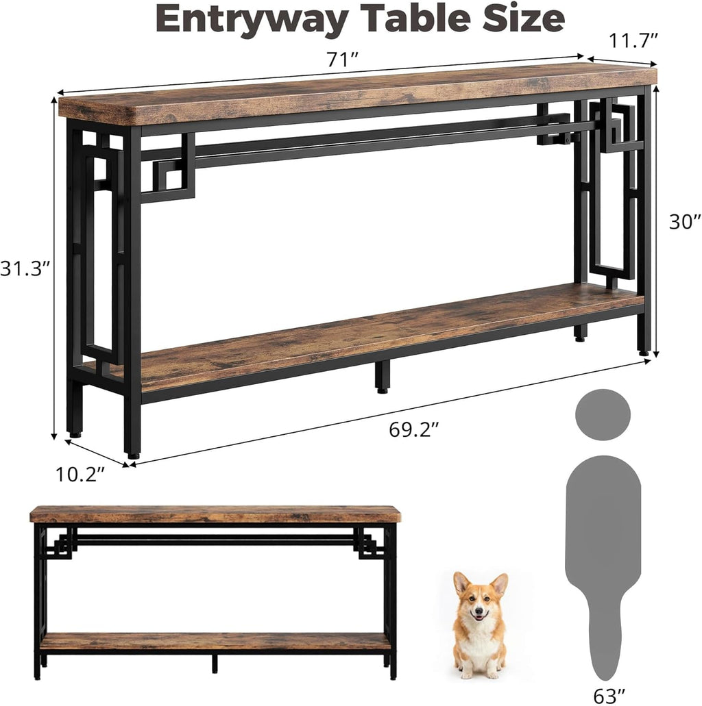 IRONCK 70.9" Long Console Table, 2-Tier Long Narrow Console Table Behind Couch for Display with Central Support Frame, Industrial Long Entryway Table for Entryway and Living Room