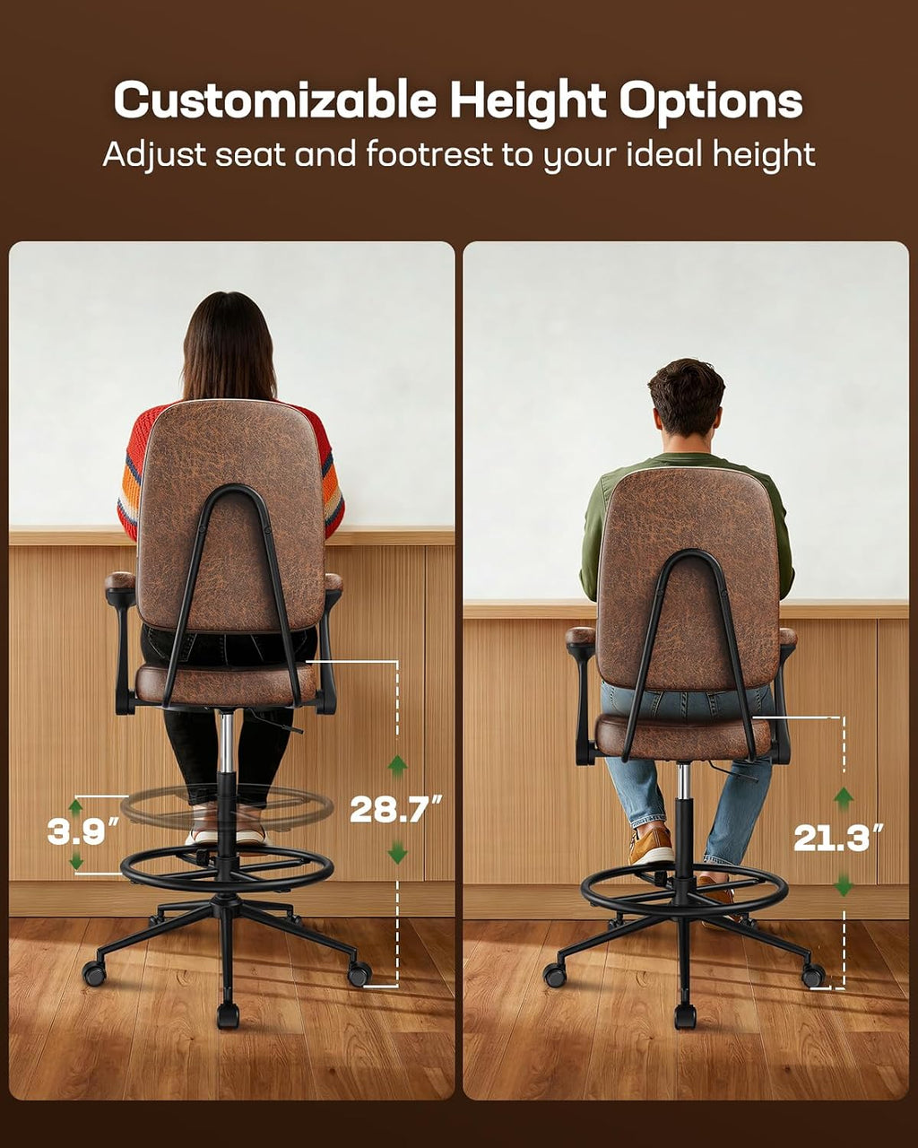 Marsail Ergonomic Drafting Chair for Standing Desk, 330lbs Heavy Duty Tall Office Chair with Adjustable Foot Ring & Flip-Up Arms, Comfort Brown Leather, 3.5" Thick Cushion