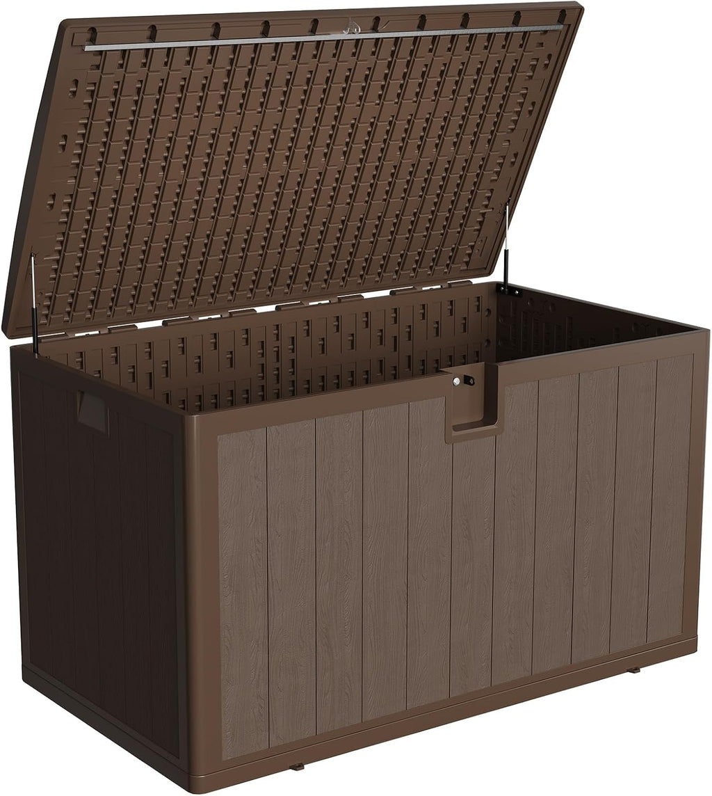 Takywep 130 Gallon Outdoor Storage Box with Hydraulic Soft-Close Lid, Heavy Duty Resin Deck Bench, Lockable Weatherproof Patio Storage Chest with 2-Person Seat, Brown