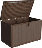 Takywep 130 Gallon Outdoor Storage Box with Hydraulic Soft-Close Lid, Heavy Duty Resin Deck Bench, Lockable Weatherproof Patio Storage Chest with 2-Person Seat, Brown