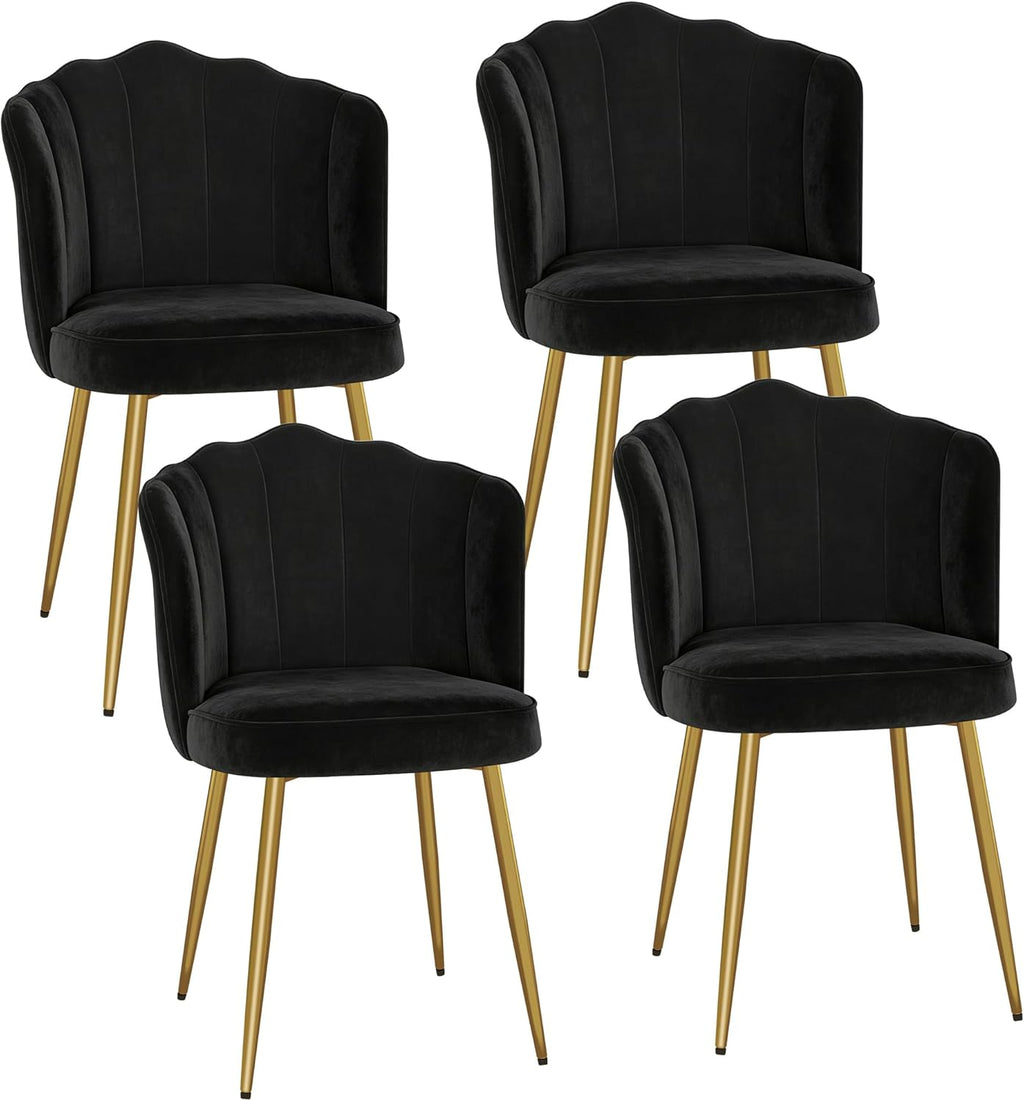 VECELO Velvet Dining Chairs Set of 4, Modern Upholstered Kitchen Chairs with Thick Cushions, Curved Padded Backrest and Metal Legs, for Kitchen, Dining Room, Living Room, Black