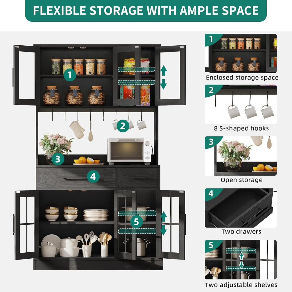 YITAHOME 2-Pack Kitchen Pantry Storage Cabinet Set, 71'' Kitchen Hutch with Outlet & Glass Door & Drawer & Shelves & Hook, Freestanding Microwave Stand Coffee Bar for Home Dining Living Room, Black