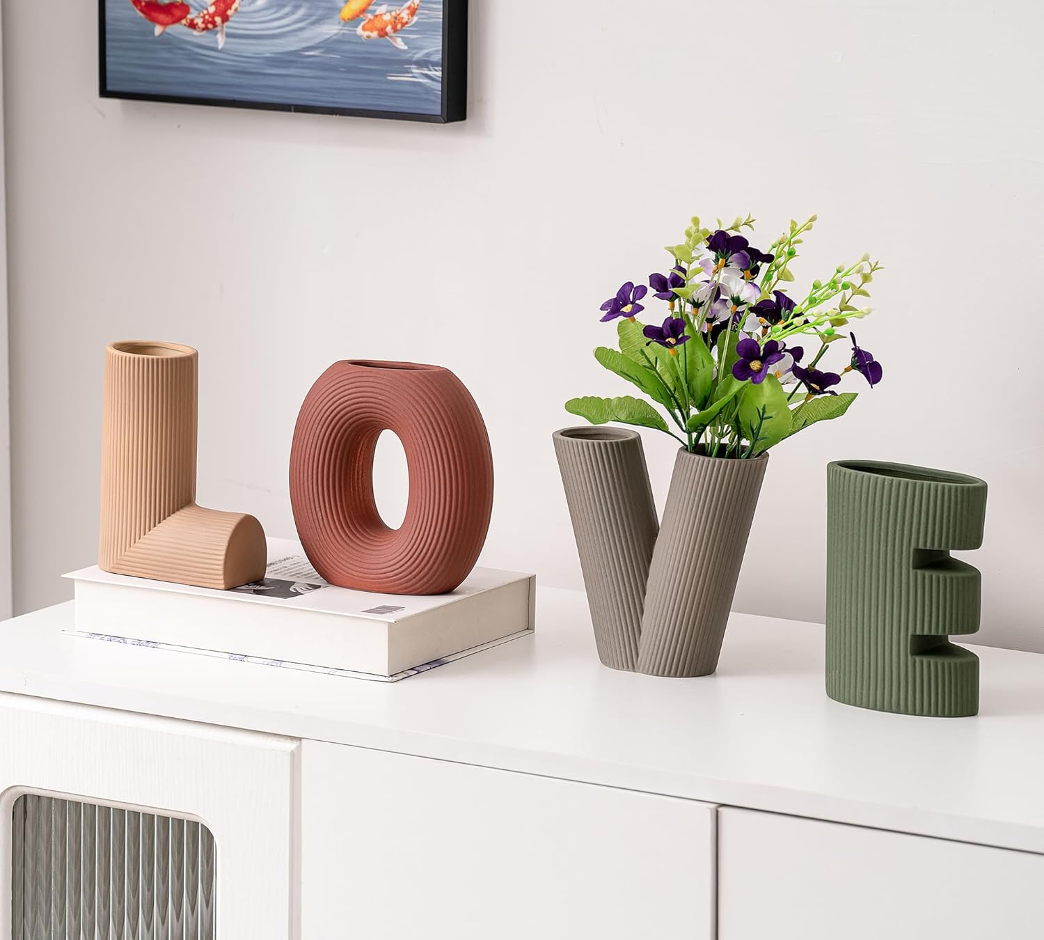 Creative Vase Set of 4, Modern Nordic Boho Style Flower Vases Home Decor for Living Room Kitchen Office(Green/Brown/Burgundy/Khaki)