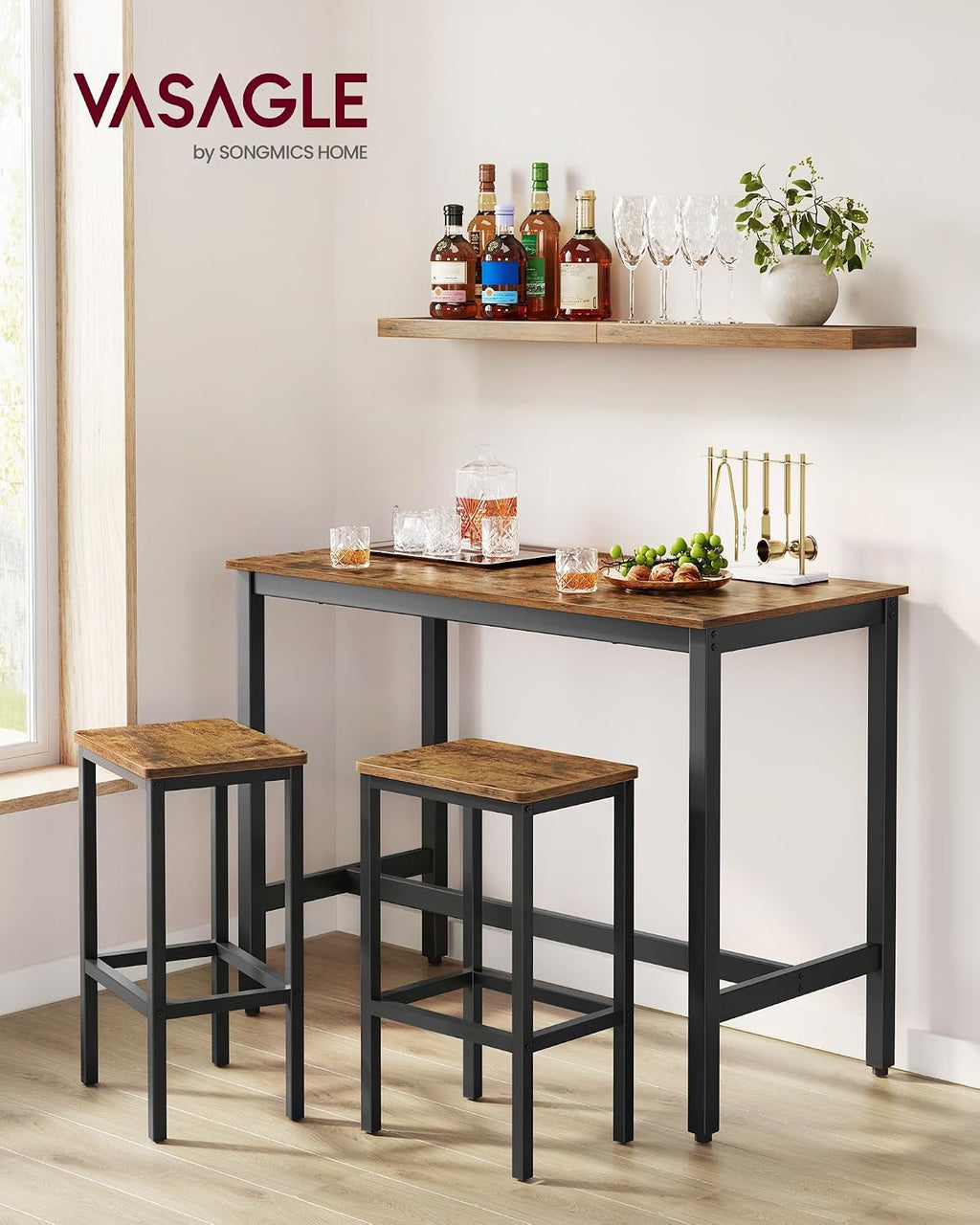 VASAGLE Bar Table and Chairs Set, Rectangular Table with 2 Stools, Dining Pub Set for 2, Space Saving for Kitchen Breakfast, Living Room, Party Room, Rustic Brown and Black ULBT15X
