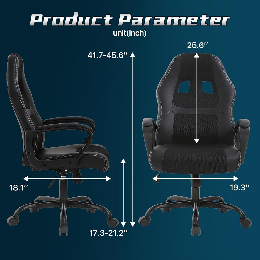 Gaming Chair PC Office Chair Ergonomic Gamer Chair PU Leather Executive Computer Chair with Lumbar Support High Back Adjustable Rolling Swivel Desk Chair for Adult Teen, Black