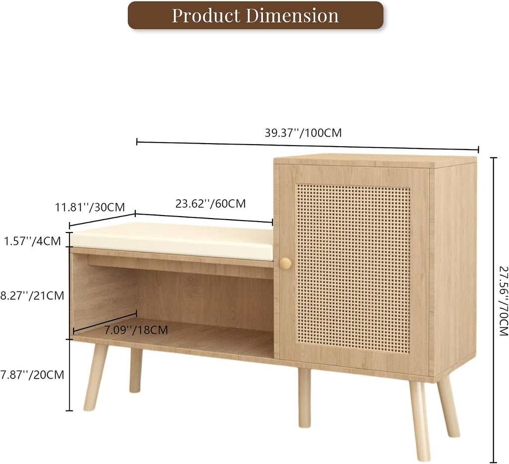 Entryway Bench with Rattan Cabinet Door, Shoe Storage, Cushioned Seat, Natural Wood, 39.37" x 27.56