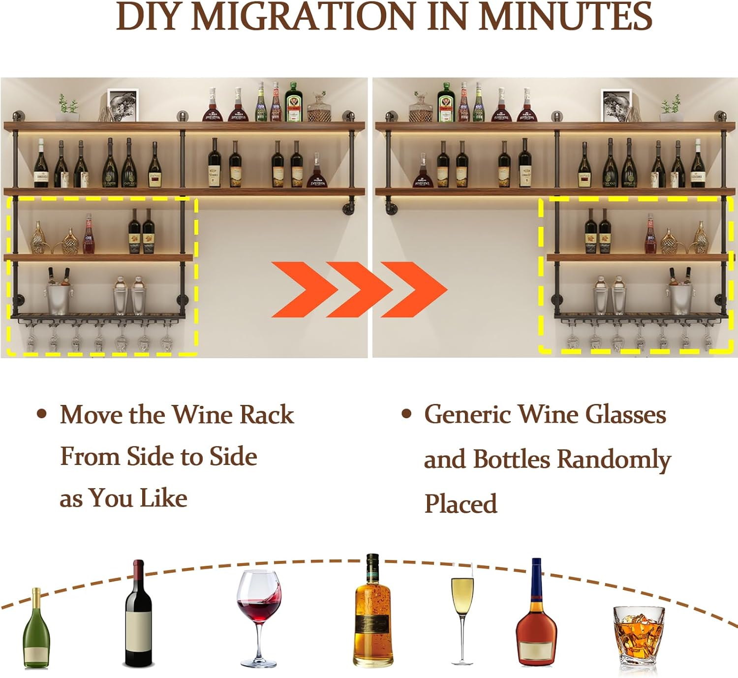 70.9in Large Wine Rack with LED Light, 4 Tiers Solid Wood Wall Mounted Wine Rack, Industrial Liquor Bottles Floating Shelves with Glass Holder for Home Bar/Dining Room (70.9in/180cm)