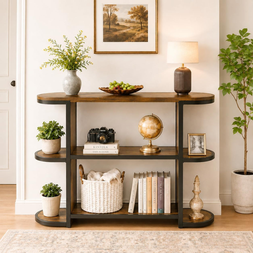 Gewudraw 39” Console Table with Storage, 3 Tier Entryway Table with Round Corners, Industrial Narrow Sofa Table Behind Couch for Living Room, Hallway, Entryway, Rustic Brown