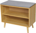 60cm Rubber Wood Shoe Bench with Cushion, 2-Tier Shoe Storage Stool, Perfect for Home