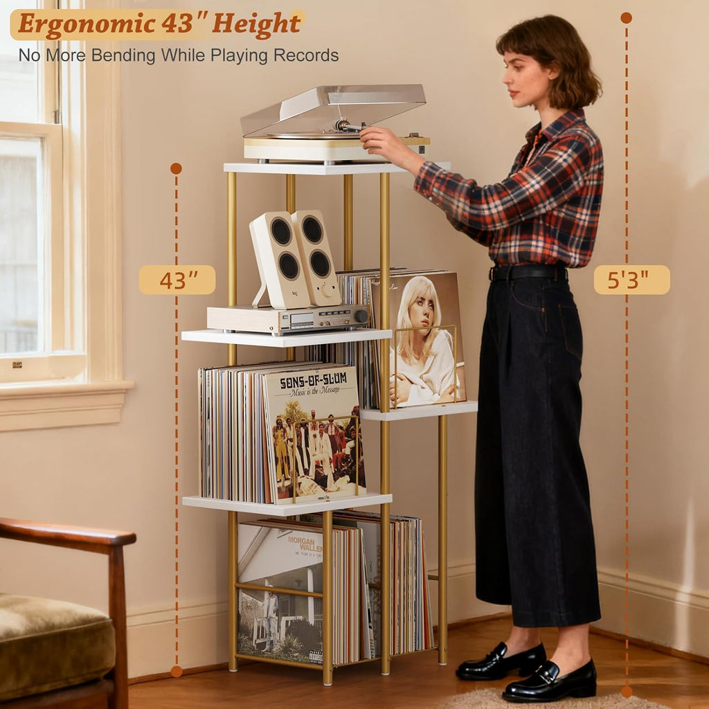 Record Player Stand, Vinyl Record Storage Holder with Display Shelf, Turntable Stand Table with Vinyl Organizer Dividers Album Rack, Vintage Style Record Cabinet Wood, Mid Century Modern Tall Console