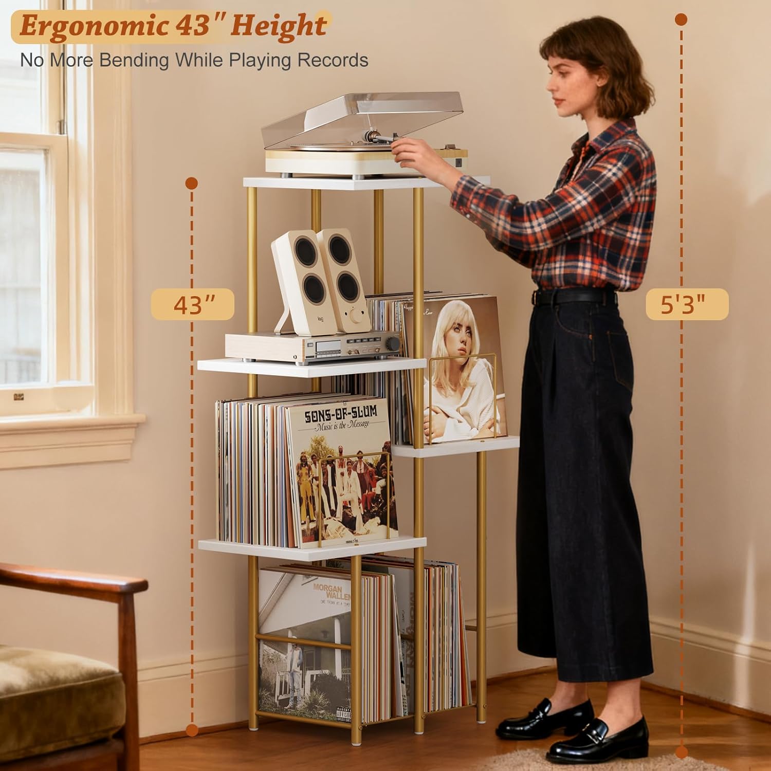 Record Player Stand, Vinyl Record Storage Holder with Display Shelf, Turntable Stand Table with Vinyl Organizer Dividers Album Rack, Vintage Style Record Cabinet Wood, Mid Century Modern Tall Console