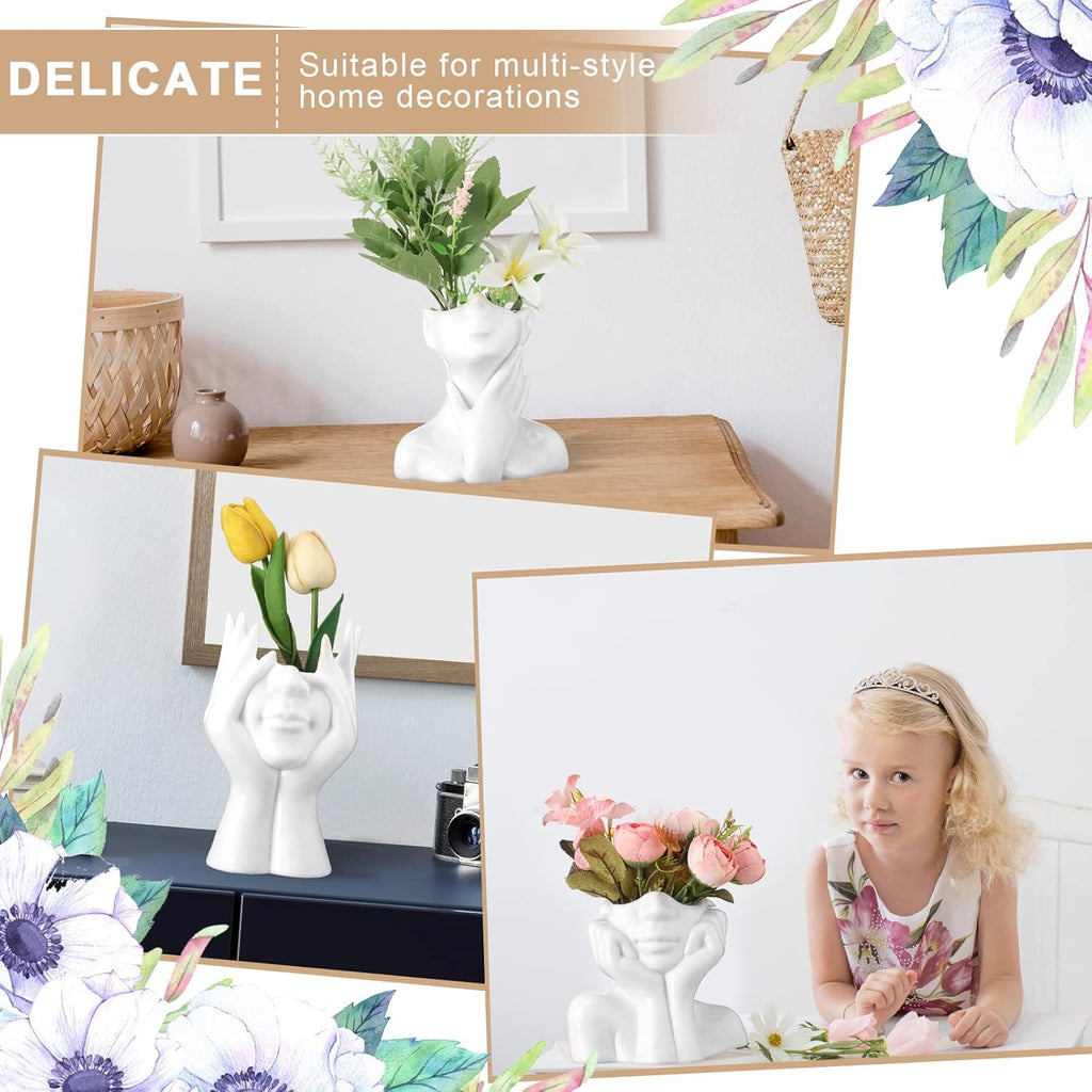 Sieral 3 Pcs Ceramic Face Vase Female Form Flower Modern Body Vase for Decor with Head Half Body Bust Centerpiece for Table Shelf Home Bedroom Room Office(Small,White)