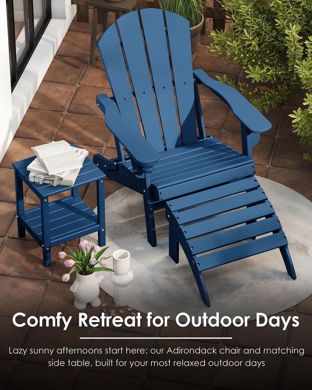 GREENVINES Folding-Adirondack-Chairs-Set-of-2 | w/Cup Holder | HDPE Plastic | All-Weather Patio Fire Pit Chairs | for Outdoor Poolside Deck | Blue