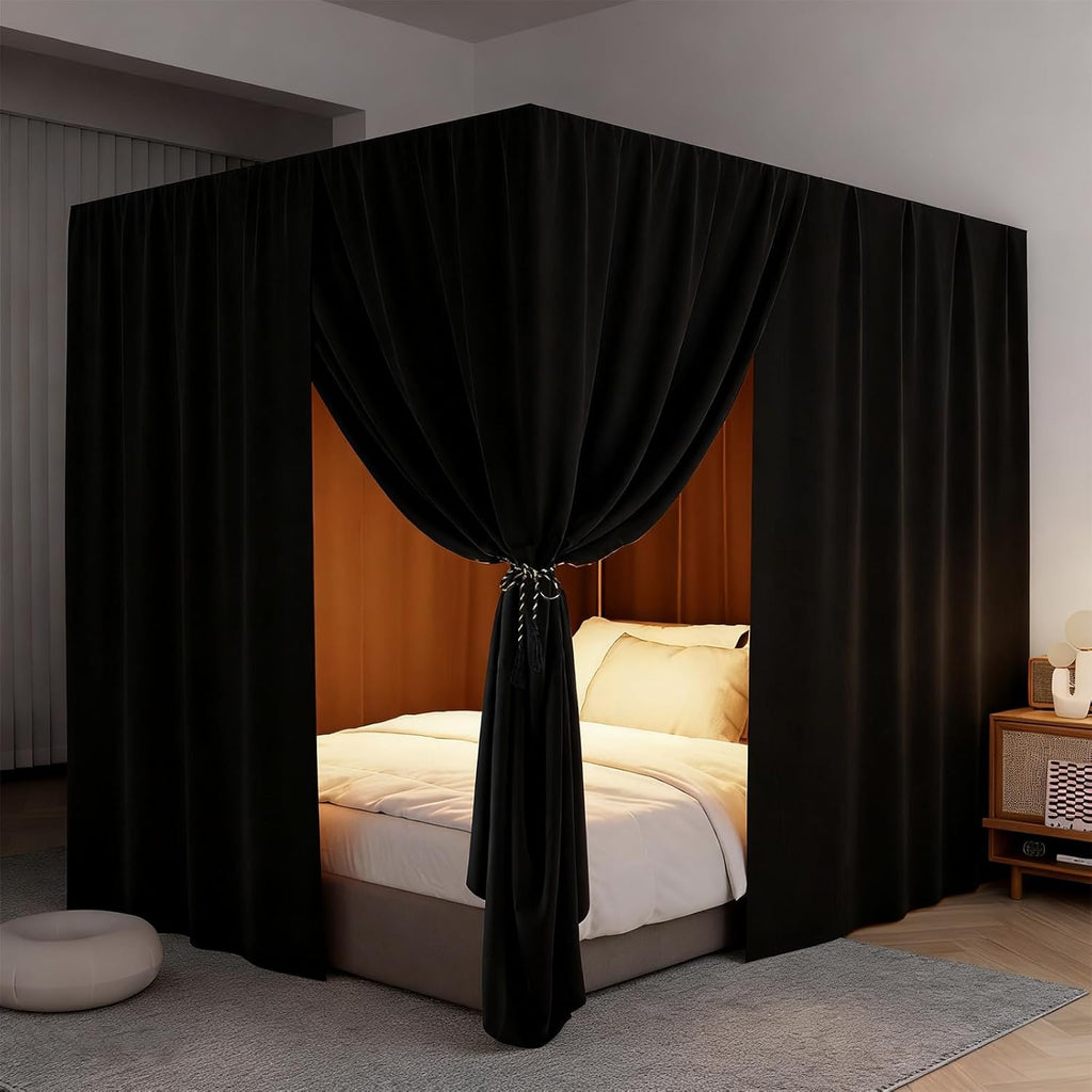 Black Canopy Bed Curtains - 4 Corner Post Bed Curtains Queen Lightproof Siamesed Drapes Bed Canopy for Adults & Girls Bedroom Decoration(Black,Queen)