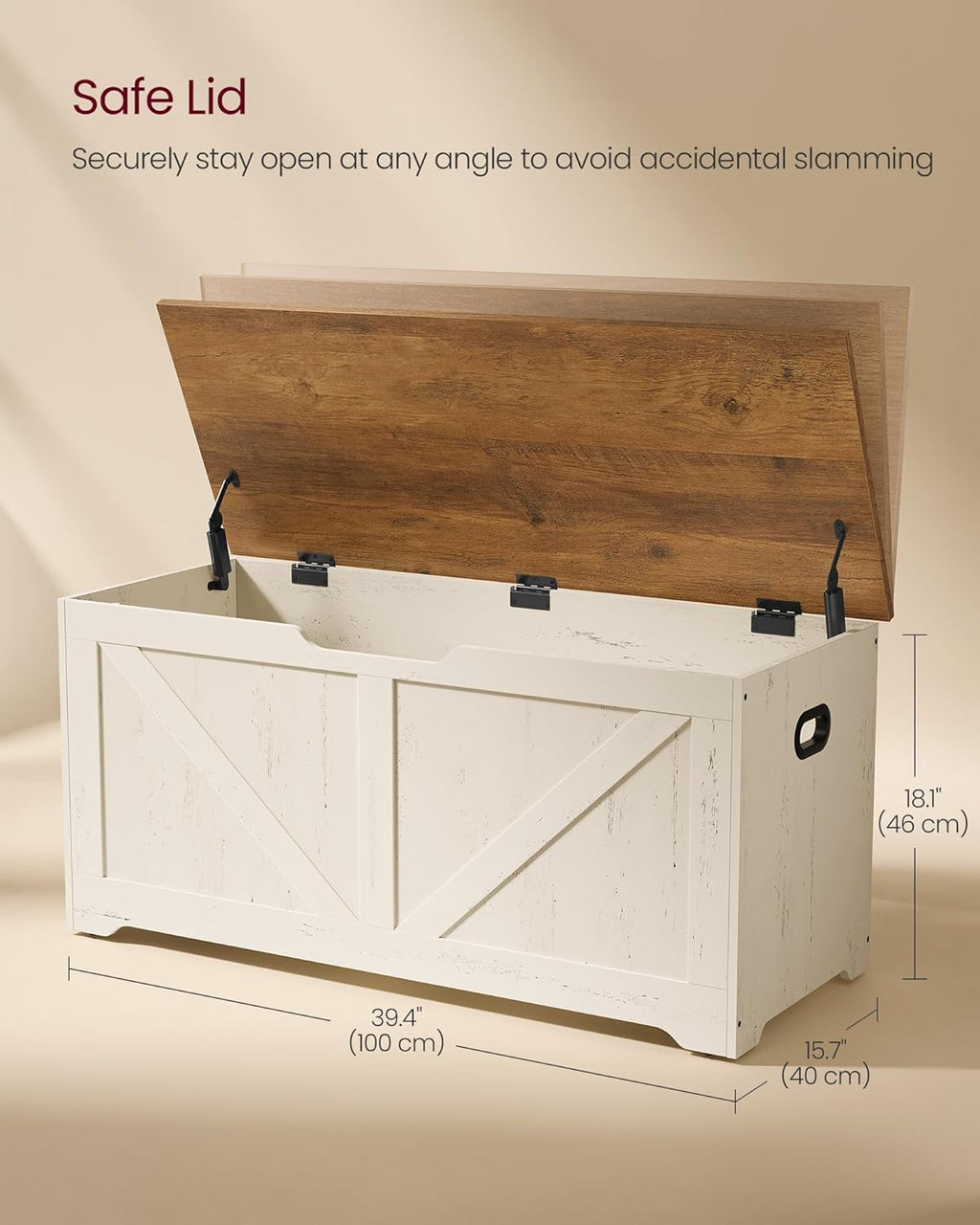 VASAGLE Storage Chest, Storage Bench with 2 Safety Hinges, Farmhouse Style, 15.7 x 39.4 x 18.1 Inches, for Entryway, Bedroom, Living Room, Honey Brown and Rustic White ULSB060WJ01S