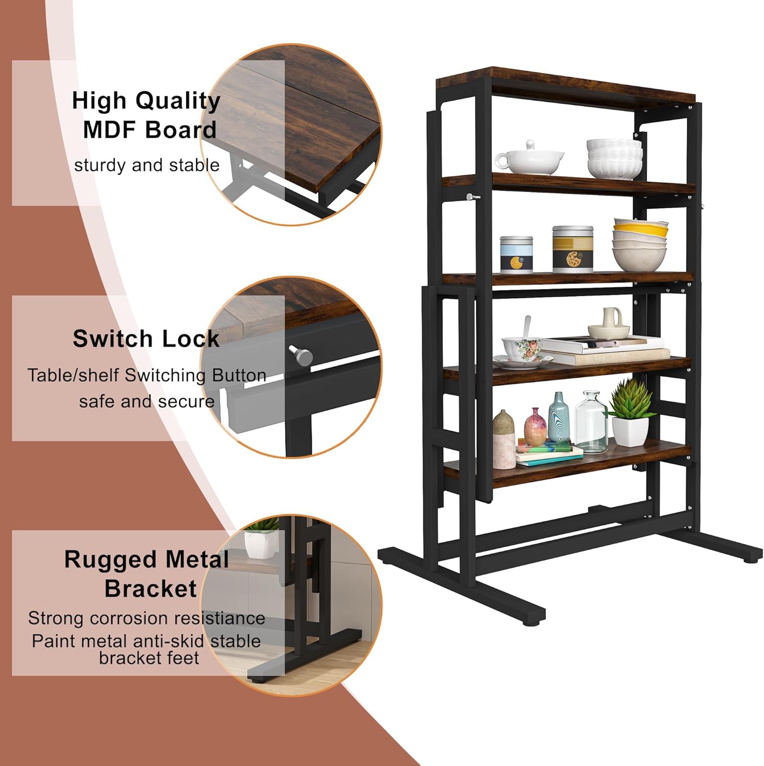 Convertible Dining Table, Multipurpose Mahogany Storage Shelf, 2 in 1 Bookshelf to Kitchen Table, Space Saving Transformer Shelf Table for Dining Room, Living Room (Rustic Brown, 47.2 Inch)