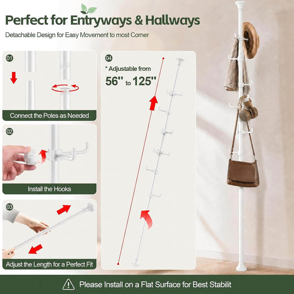 Coat Rack Freestanding, 56 to 125 inch Adjustable Tension Rod Coat Tree with 12 Hooks for Hanging Plant,Coat, Jacket, Hat, Scarf, Suitable for Living Room, Balcony, Kitchen White