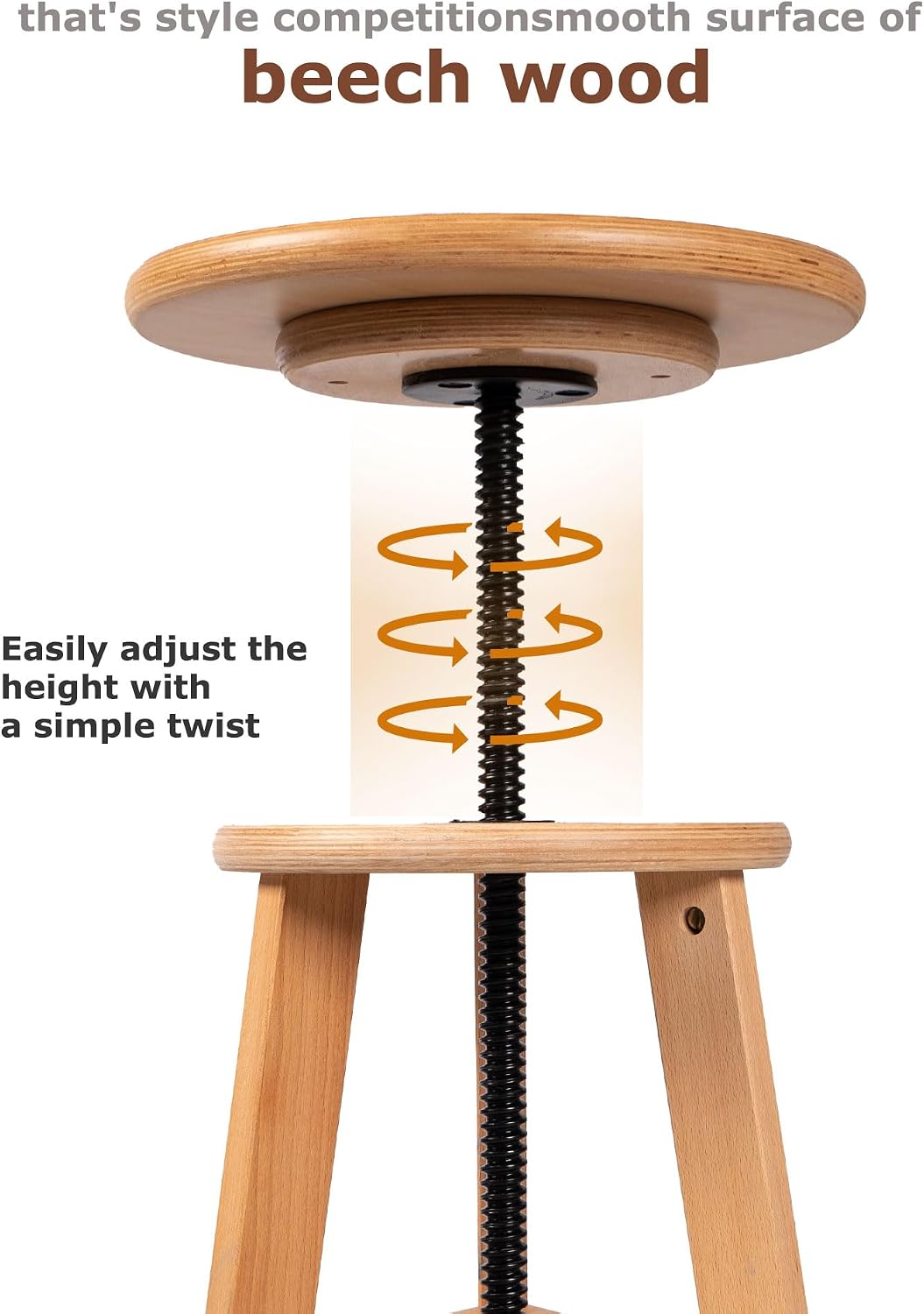 DJAR Wooden Drafting Stool Chair, Adjustable Beech Wood Artist Seat, Supports 180 Lbs, for Home, Studio, Kitchen, or Office, Natural