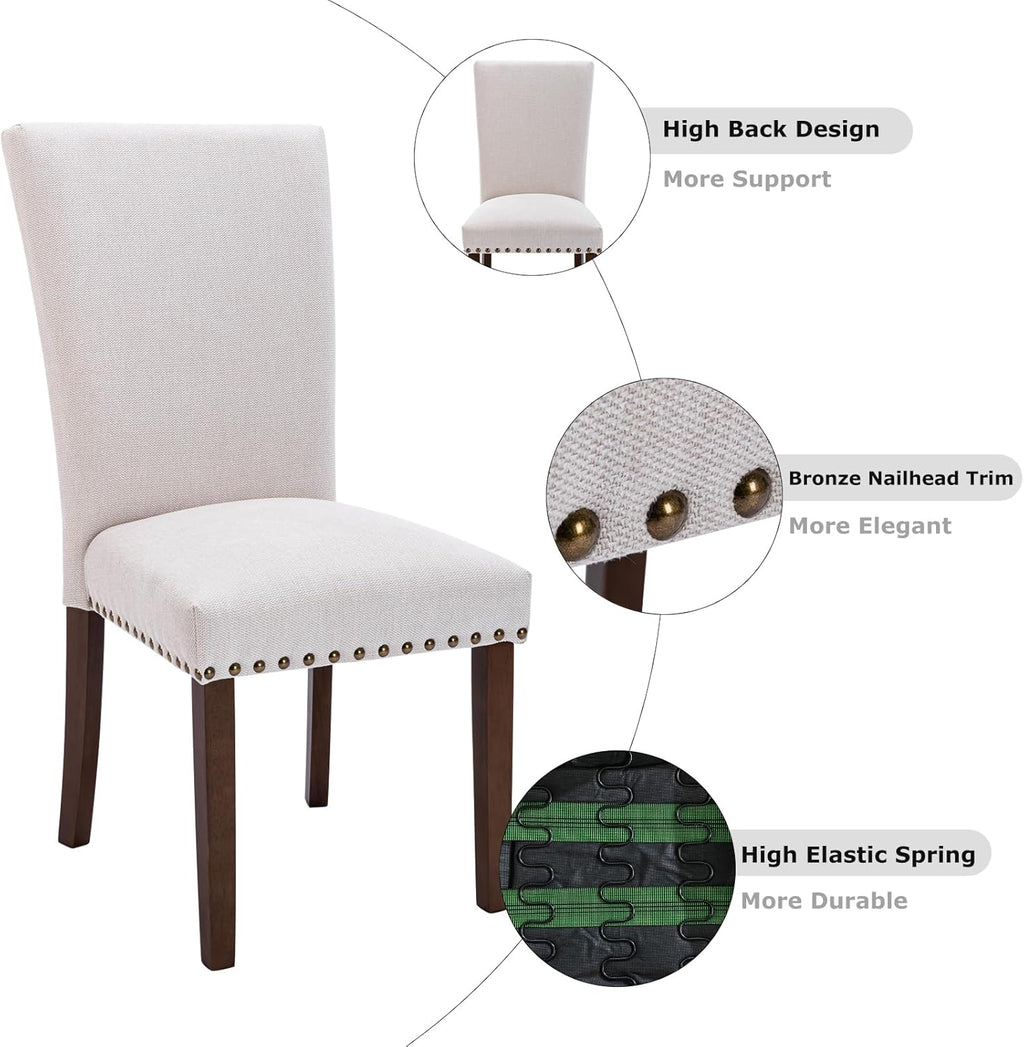 COLAMY Upholstered High Back Dining Chairs Set of 6 with Solid Rubber Wood Legs, Fabric Dining Room Chairs with Comfortable Padded Seat for Dining Room, Classic Gray Damask Pattern, Beige