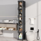 5 Tier Slim Bathroom Storage Cabinet, Foldable and Movable, Black | Tools Free, ABS and PET, Magnetic Clear Door, Adjustable Shelves, Lockable Wheels, Water Resistant, For Narrow Space