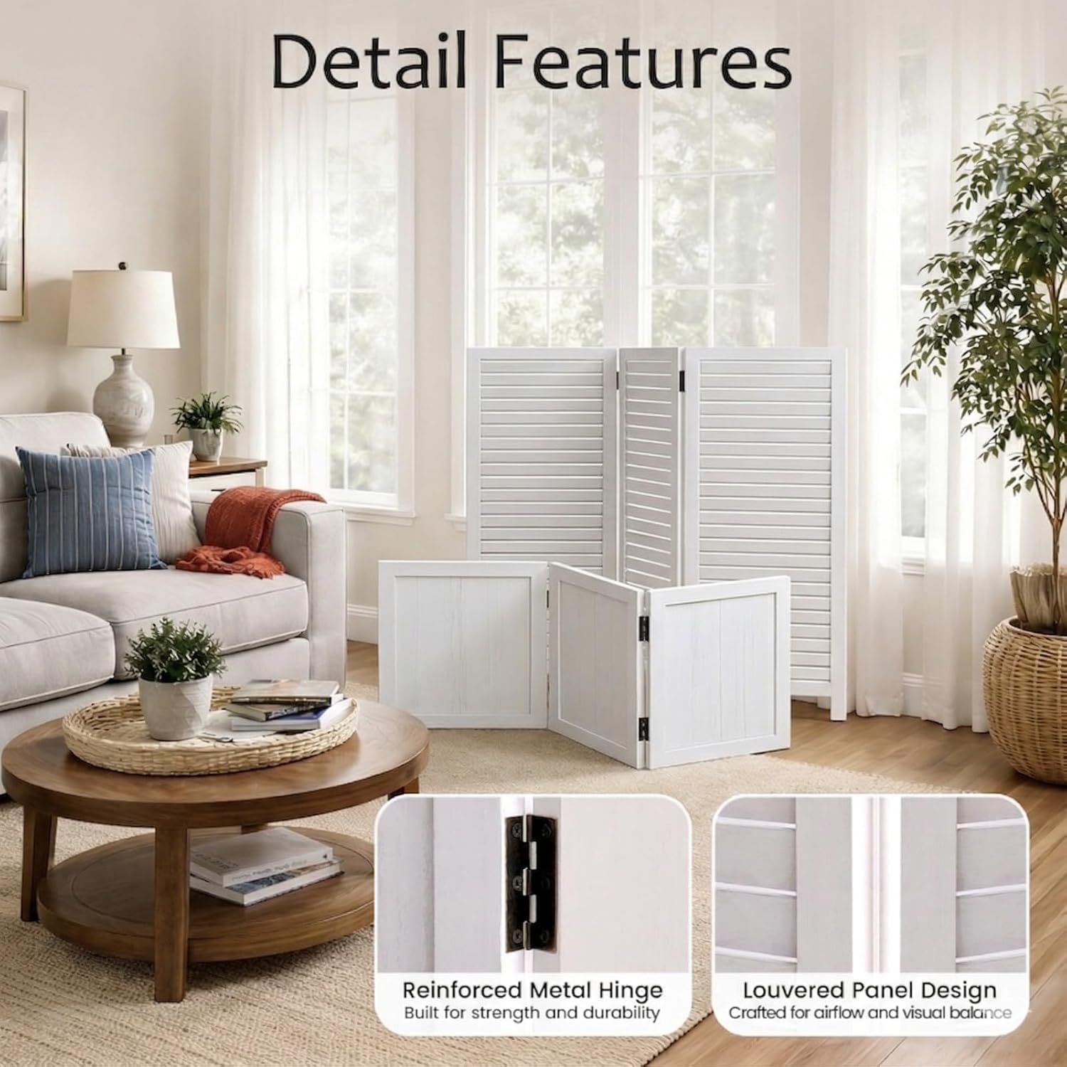 Wooden White Partition Panel Set, Modern Decorative Privacy Divider for Indoor Entryway, Bedroom, Apartment
