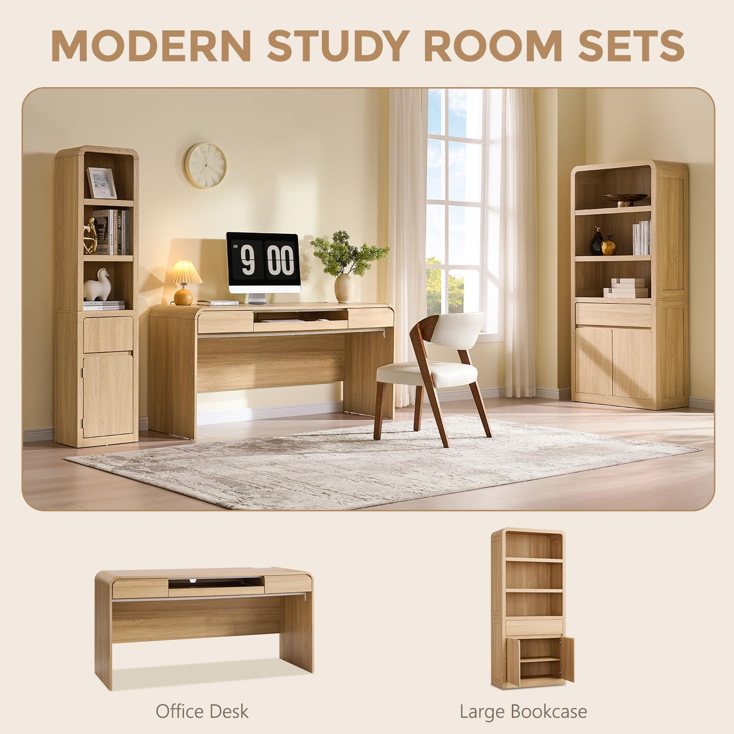 72" Tall Modern Bookshelf with Doors, 5-Tier Large Bookcase w/ Drawer, Wooden Storage Cabinet w/Adjustable Shelves, Versatile Book Shelf w/ Curved Profile Design for Living Room, Office, Natural Oak