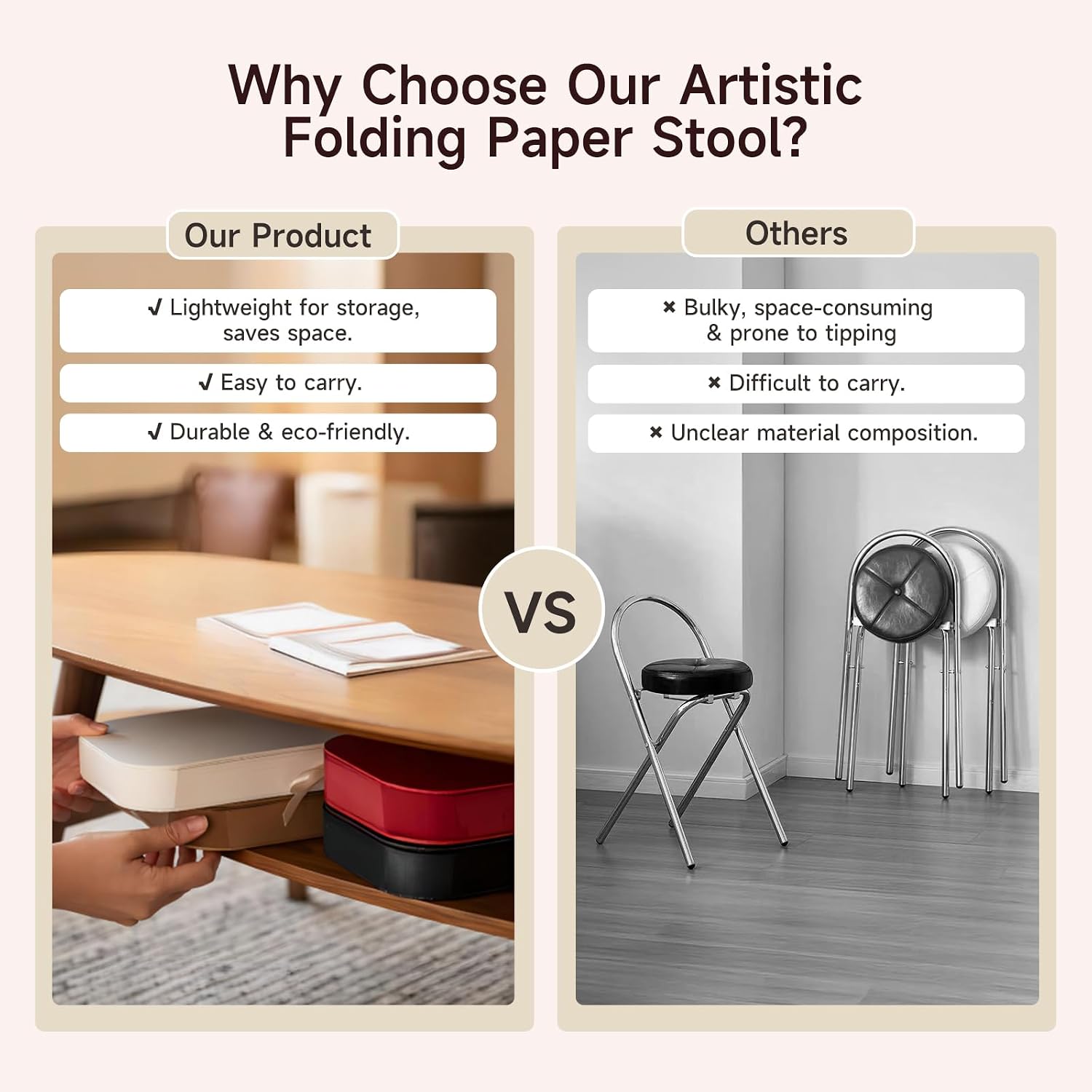 NOONTIDE Folding Stool - 17Inch Home Furniture 660lb Load Capacity Foldable Paper Stool Eco-Friendly Kraft Paper Honeycomb Design,Foldable to 1.2",Brown Modern Minimalist Stool for Living Room(White)