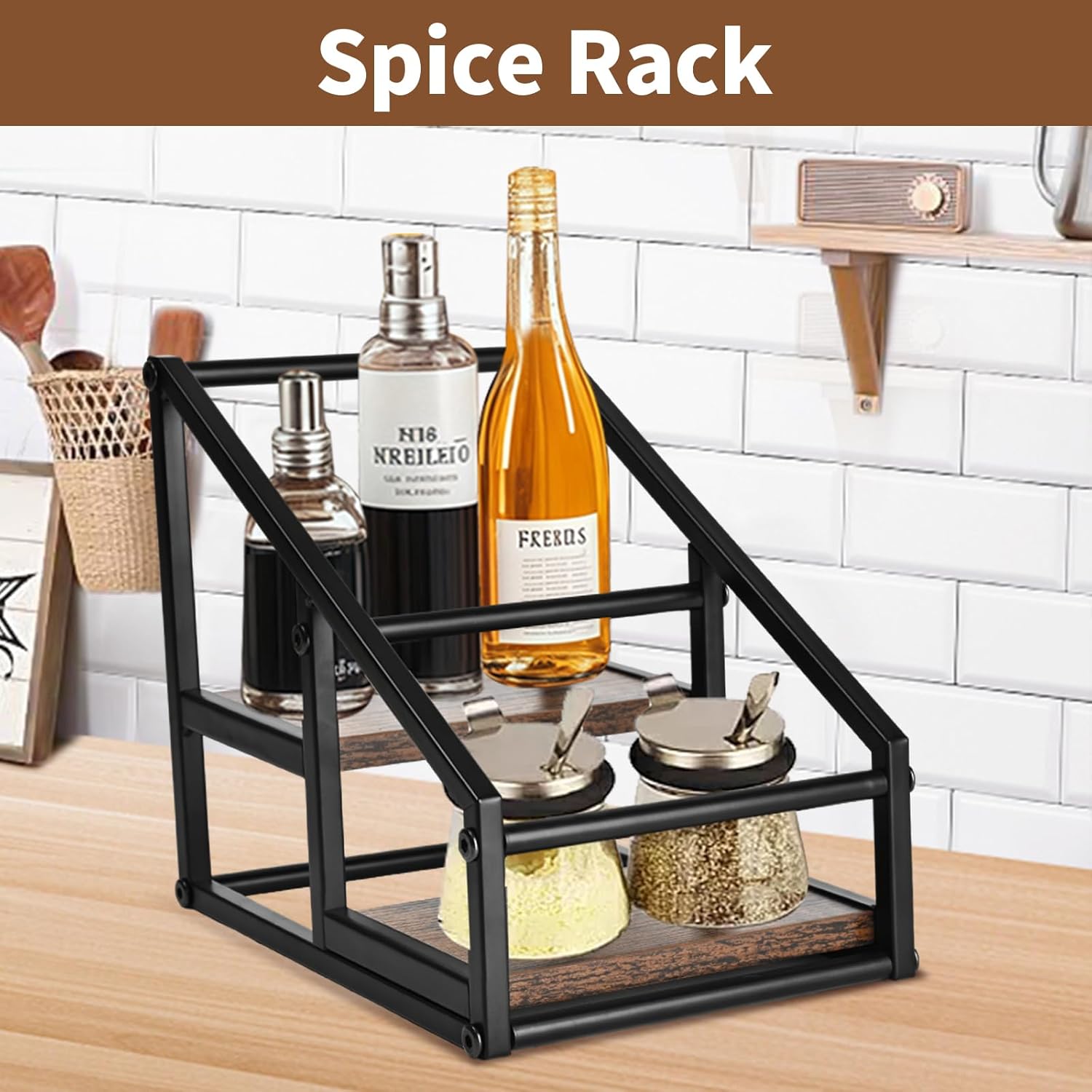 YQBRAO Coffee Syrup Rack Organizer,Liquor Bottle Display Shelf,2-Tier 4 Bottle Stand for Coffee Bar, Kitchen Station, Liquor, Wine, Dressing,Rustic Brown