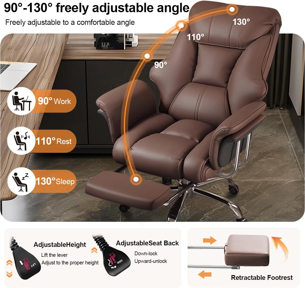 Big and Tall Office Chair Wide Seat Ergonomic Leather Executive Desk Chair with Leg Rest, Heavy-Duty 550 lbs Adjustable Height Computer Gaming Chairs