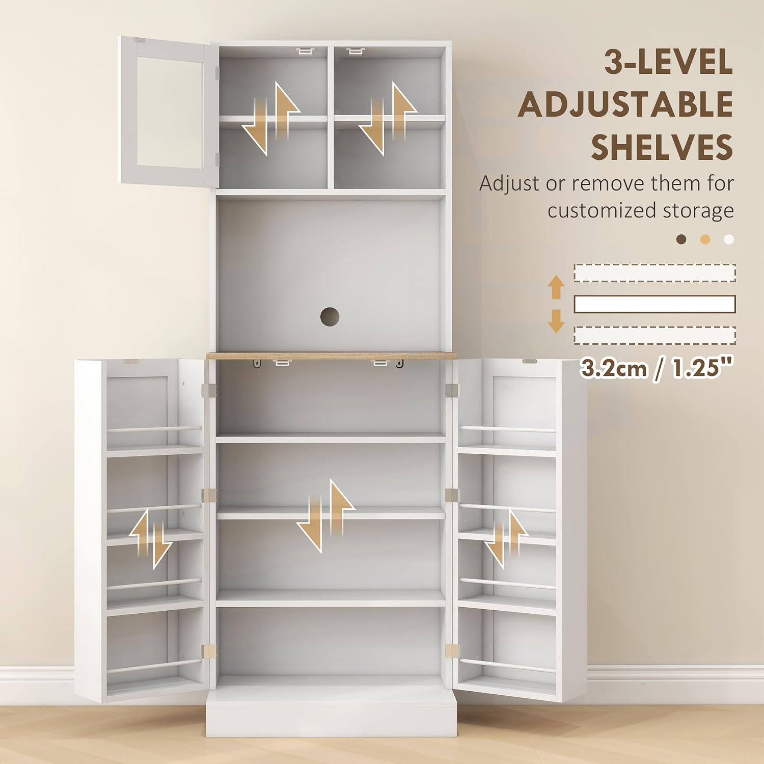 66.5" Kitchen Pantry Cabinet - Microwave Stand & Storage, 8 Shelves, White