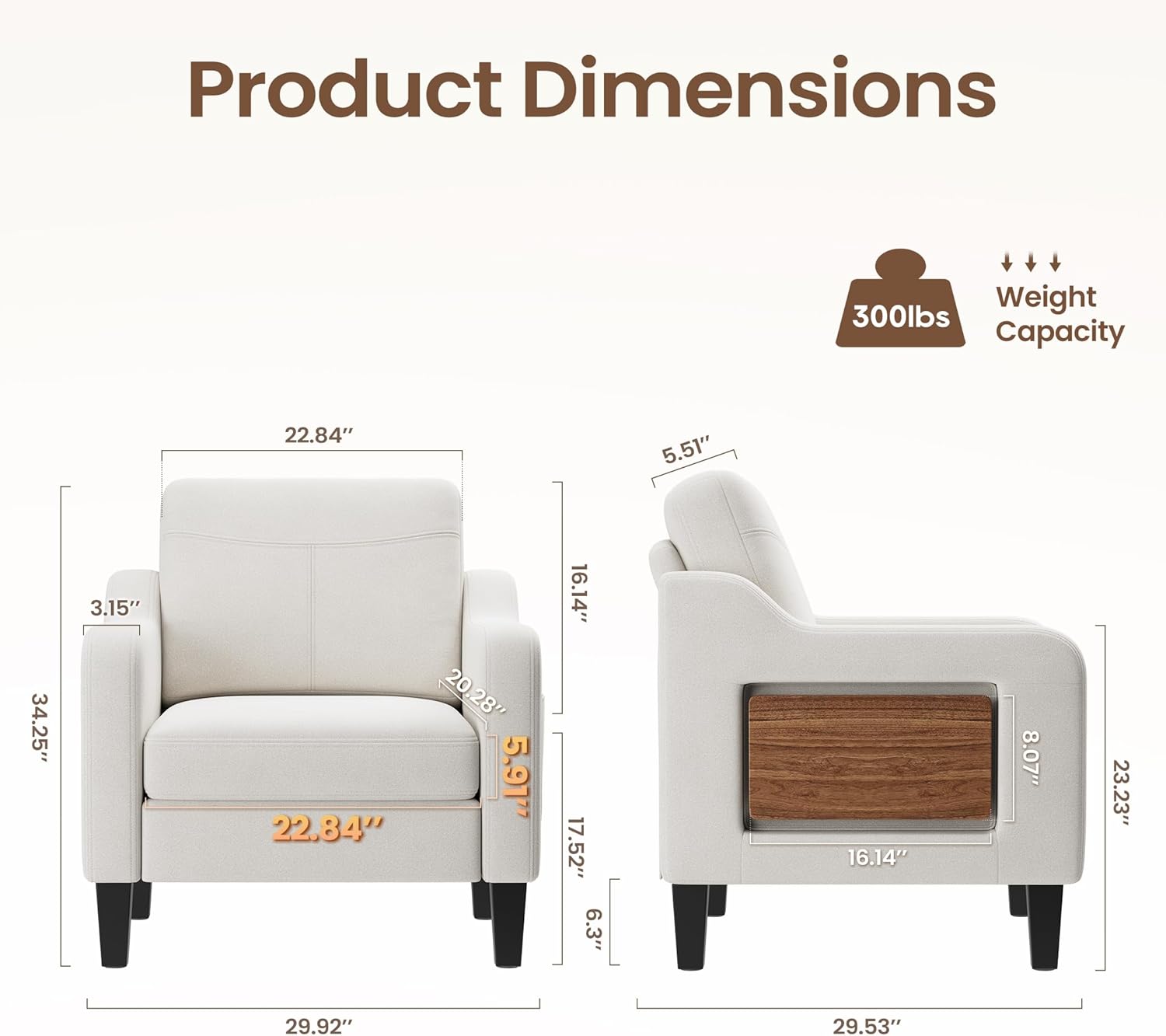 Upholstered Accent Chair with Foldable Side Table for Living Room | 2 Side Pockets, Modern Linen Armchair Wooden Fabric Chairs for Living Room, Comfy Reading for Bedroom/Office