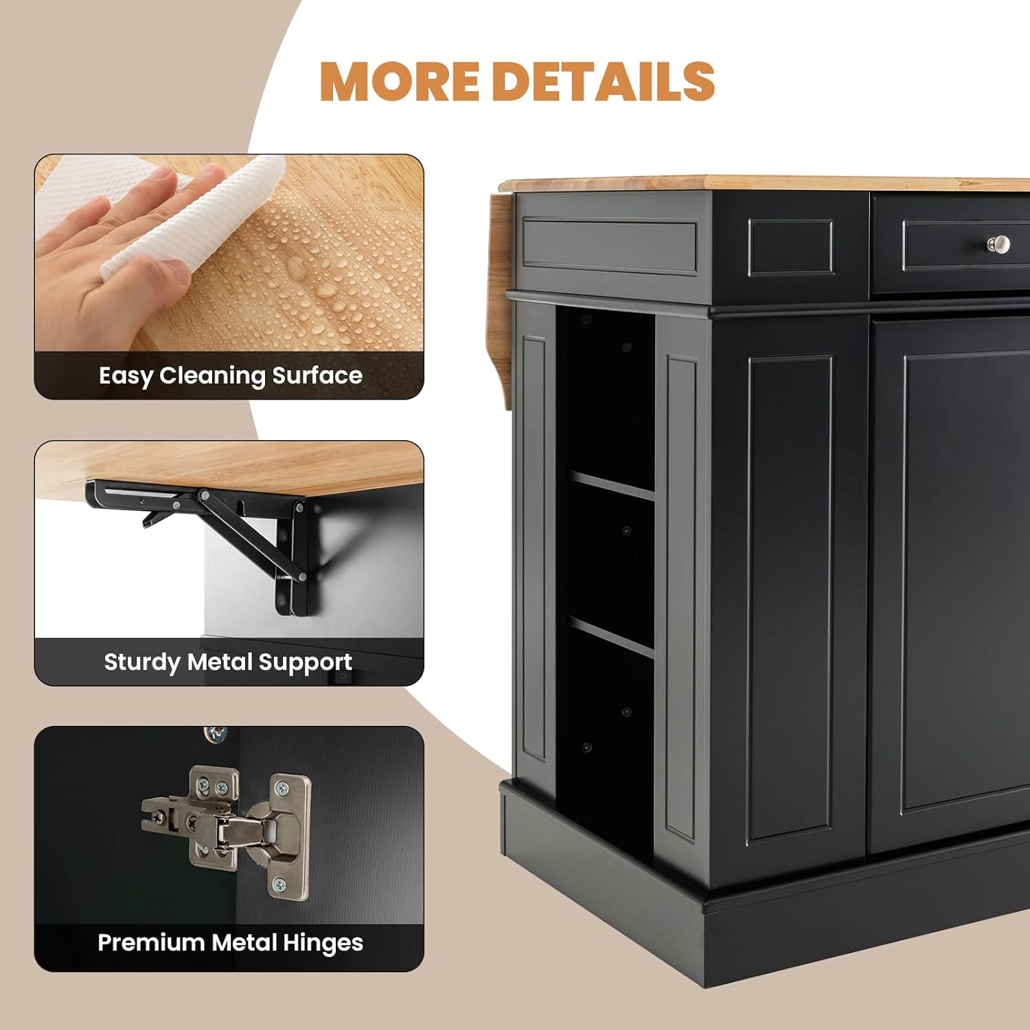 SILKYDRY Kitchen Island with Storage and Drop Leaf, Storage Cabinet with Rubber Wood Top, 2 Drawers, Adjustable Shelves, Spice Racks, Coffee Bar Table for Dining Room, Living Room (Black)