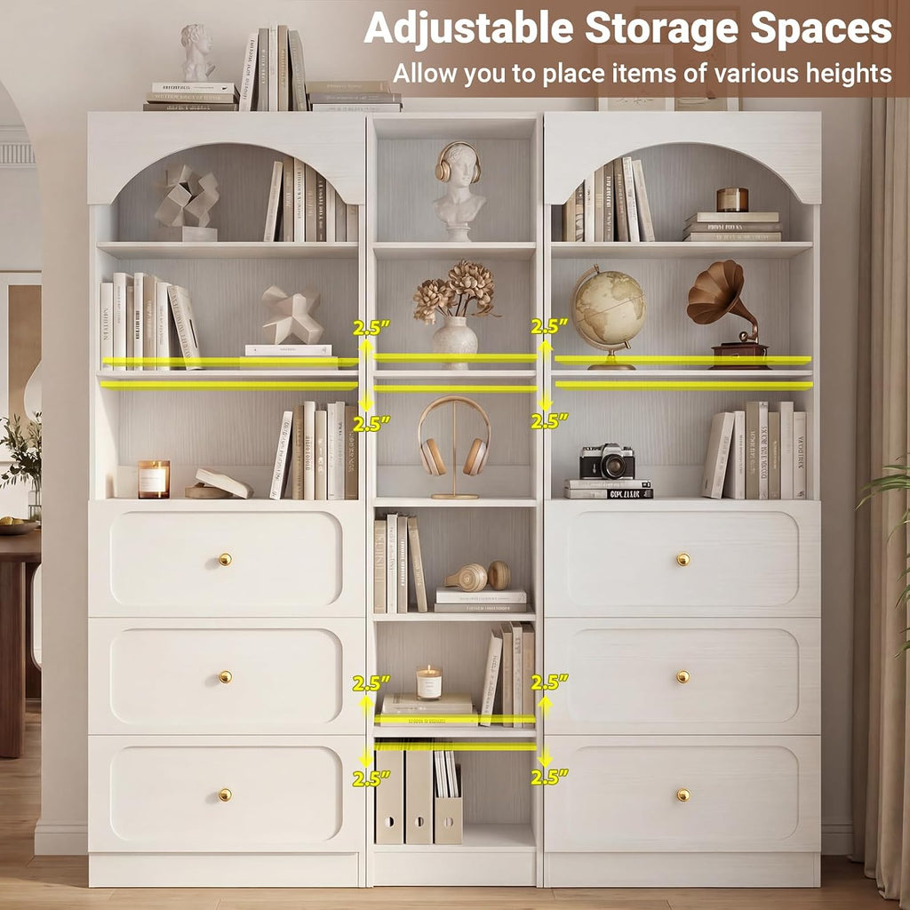 Cyclysio 80" Tall Pantry System with 6 Drawers, Arched Corner Pantries with 12-Tier Open Shelves, Wooden Cupboard Storage Organizer with Baseboard Cutout for Living Room, Kitchen