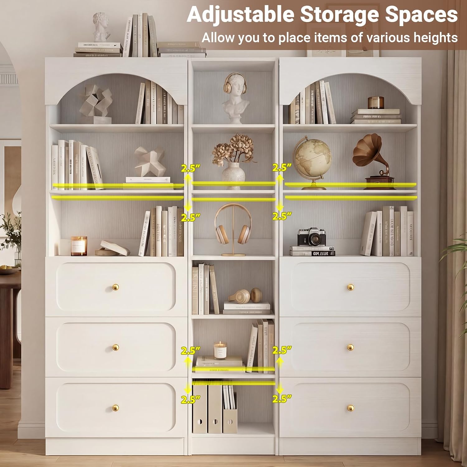 Cyclysio 80" Tall Pantry System with 6 Drawers, Arched Corner Pantries with 12-Tier Open Shelves, Wooden Cupboard Storage Organizer with Baseboard Cutout for Living Room, Kitchen