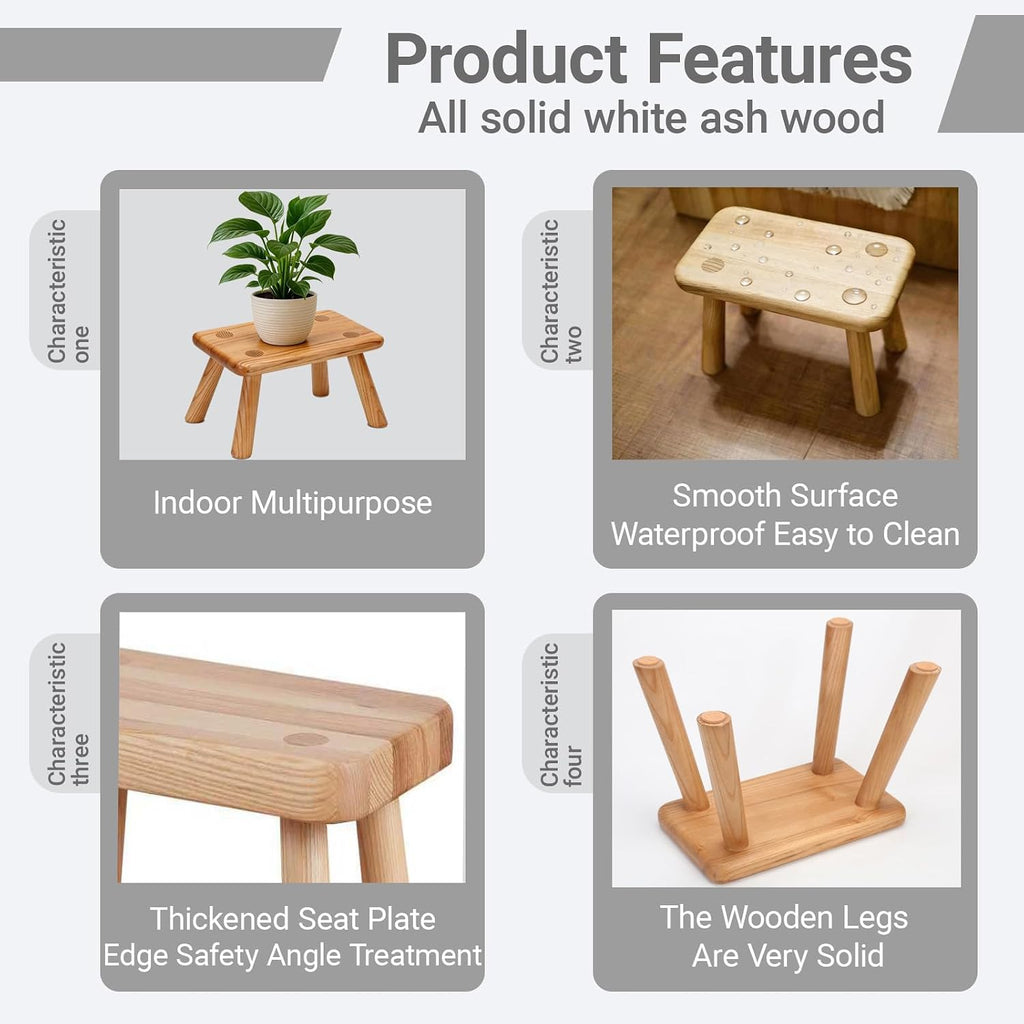 100% Wooden Step Stool for Adults - Waterproof Small Step Stool for Bathroom, Anti-Slip & 350lbs Capacity, Wooden Plant Stand & Shoe Changing Bench (Wheat)