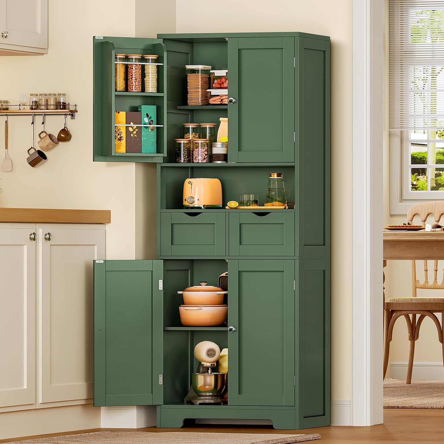 TEENFON Kitchen Pantry Cabinet with Adjustable Shelf, Tall Storage Cabinet with 2 Drawers & 4 Door Shelves, Food Pantry Cabinets, for Kitchen, Dining Room, Living Room, Green